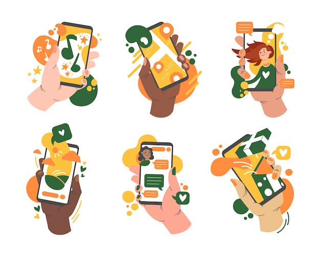 Free vector various hands holding smartphones with app set