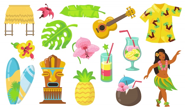 Various Hawaii symbols flat icon set