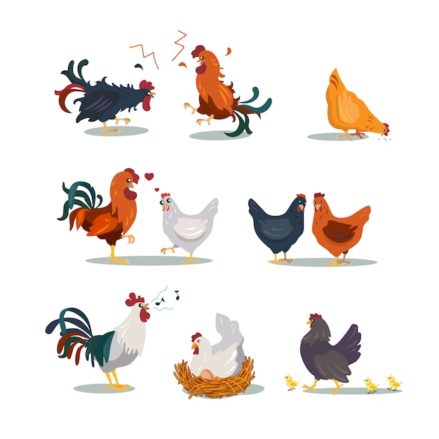 Free Vector various hens and roosters flat icon set