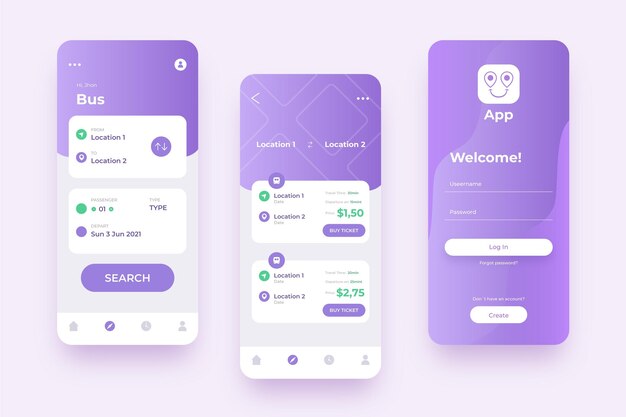 Various screens for violet public transport mobile app