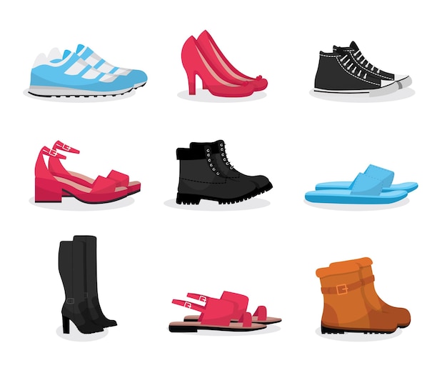 Free Vector various shoe illustrations set footwear sale business fashion industry clothing shop showcase seasonal sportive and elegant apparel sneakers gumshoes sandals flip flops and boots