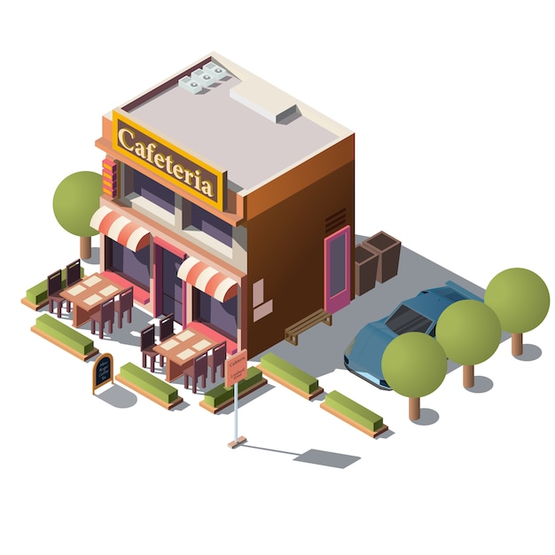 Free Vector vector 3d isometric cafeteria, restaurant with veranda