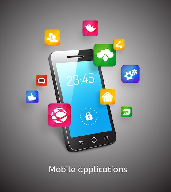 Free vector vector 3d smartphone with clouds and application app icons