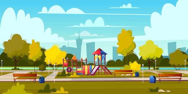 Free vector vector background of cartoon playground in park at summer. landscape with green trees, plants and bu