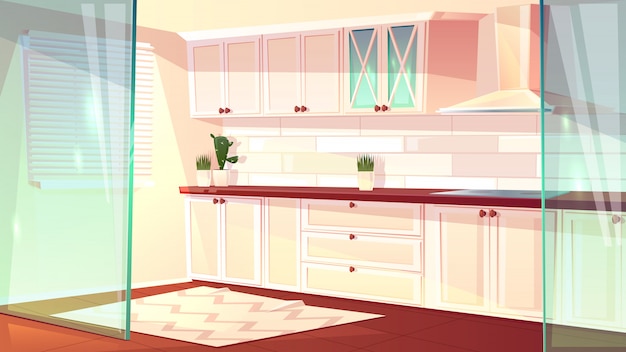 Free vector vector cartoon illustration of empty bright kitchen in white color. spacious cooking room with exhau