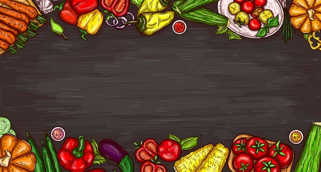 Vector cartoon illustration of various vegetables on a wooden background.