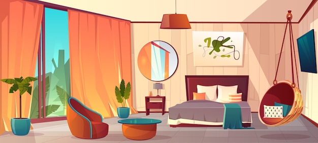 Vector cartoon interior of cozy hotel bedroom with furniture - double bed, carpet and fireplace. Liv