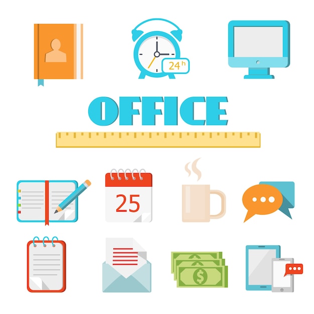 Vector colored flat office icon set for Web and Mobile Application