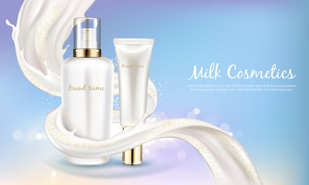 Vector cosmetic banner with realistic white bottle for skin care cream or body lotion. 