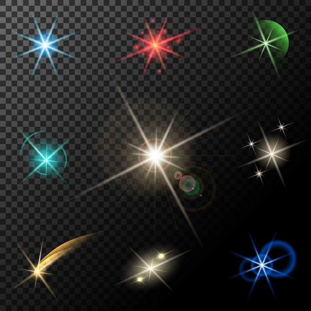 Free vector vector glowing lights, stars and sparkles on transparent background