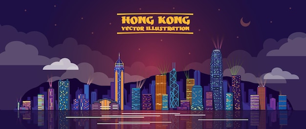 Free vector vector illustration of honk kong by night  vector illustration