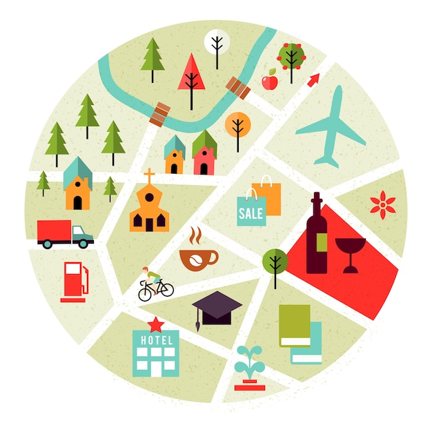 Free Vector vector map with places icons. trees, houses and roads