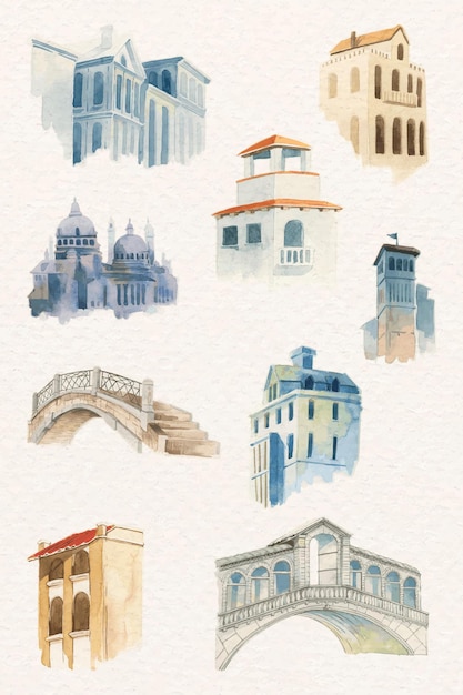 Free Vector vector old european architectural building watercolor collection