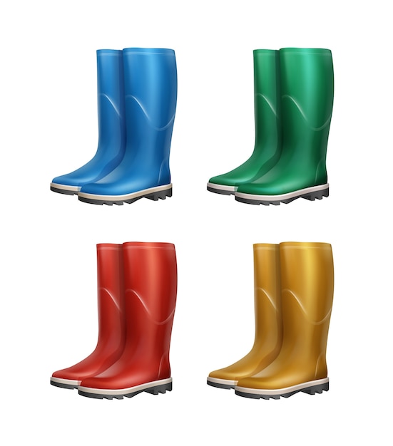 Free vector vector set of blue, red, green, yellow rubber boots isolated on white background