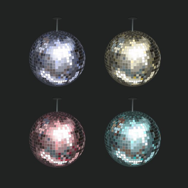 Vector set of blue, yellow, pink and purple disco balls isolated on dark 