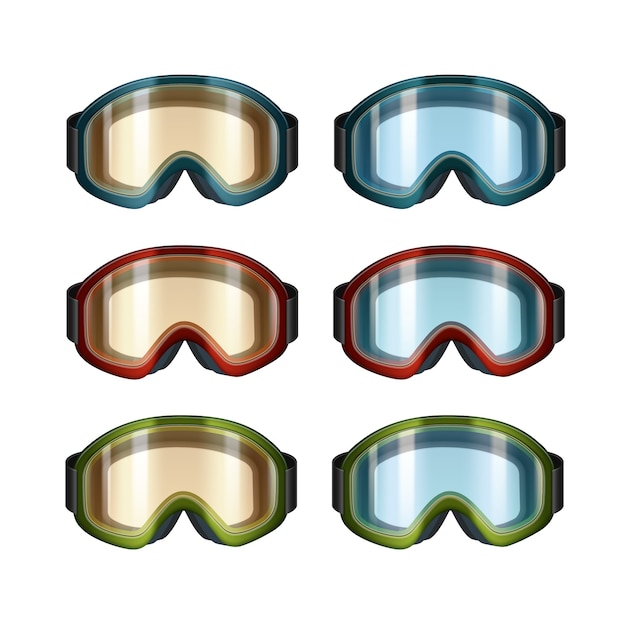 Vector set of colored blue, orange ski snowboard goggles front view isolated on white background