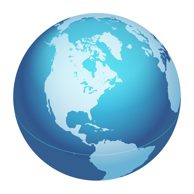 Free Vector vector world globe map. north america centered map. blue planet sphere icon.