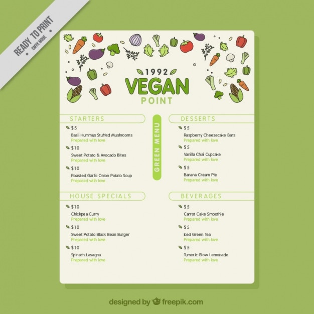 Vegan menu with healthy food and green details