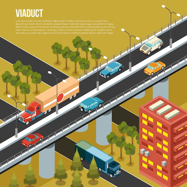 Free Vector vehicular viaduct bridge carrying traffic over busy outskirts city streets and adjacent valley isometric composition vector illustration