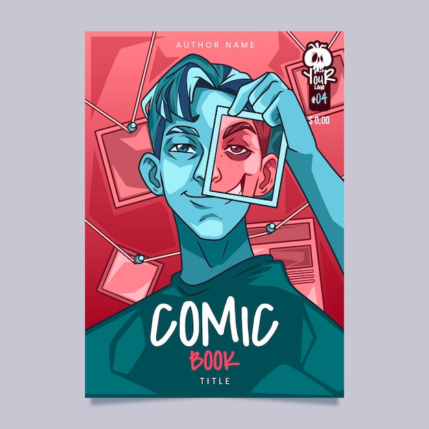 Free vector vertical comic cover template with man and photograph