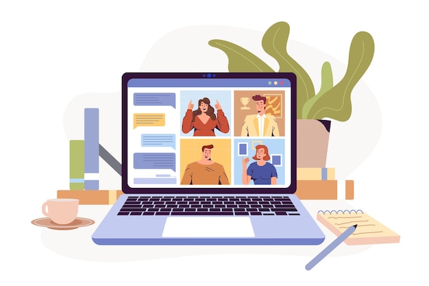 Video conference remote working flat illustration screen laptop with group of colleagues people conn...