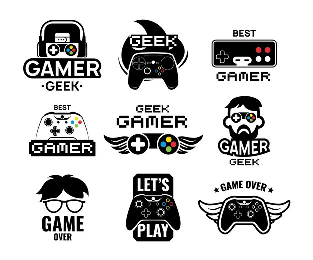 Video game logo set. Emblems with gamer, vintage and modern joystick console controller, headset. Isolated vector illustration for online game label template