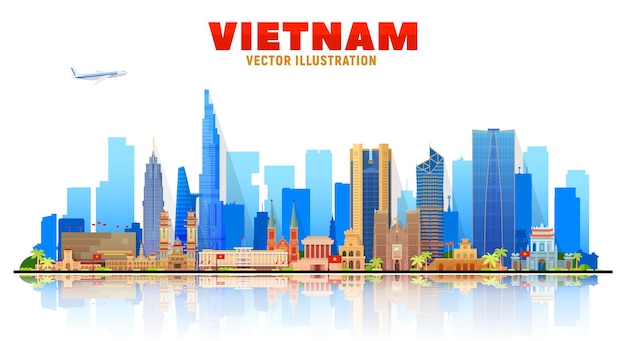 Free vector vietnam ho chi minh hanoi and other skyline with panorama at sky background vector illustration business travel and tourism concept with modern buildings image for banner or web site