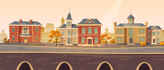 Vintage city autumn street with european colonial victorian buildings and lake promenade