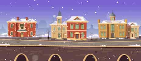 Free vector vintage city winter street with european colonial victorian buildings and lake promenade