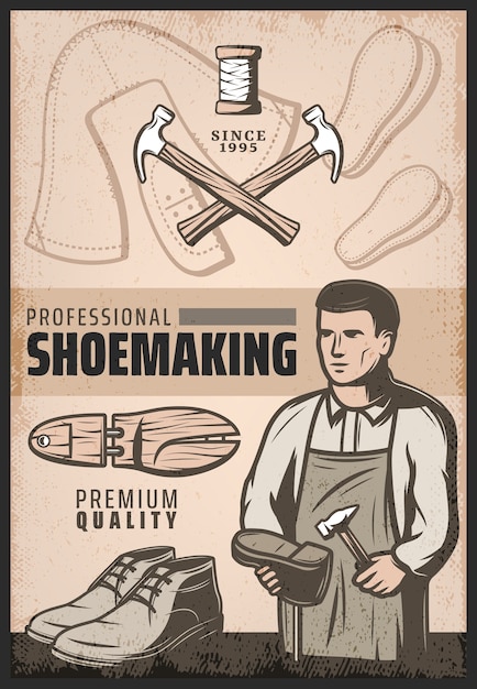 Free Vector vintage colored shoemaking poster with cobbler repairs shoe hammers wooden boot and spool of threads