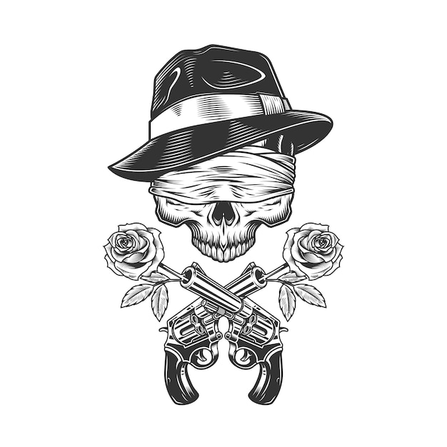 Free Vector vintage gangster skull in fedora hat