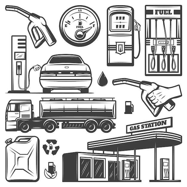 Free Vector vintage gas station icons collection with building canister car refilling petrol gauge truck fuel pump nozzles isolated