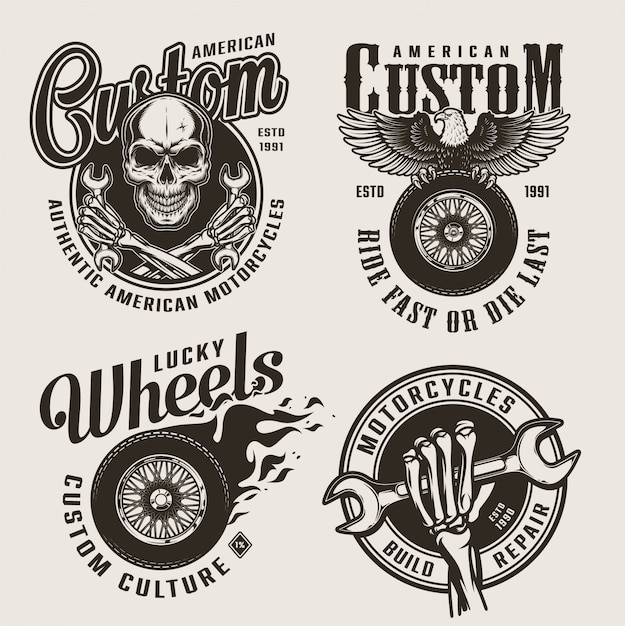 Free Vector vintage monochrome custom motorcycle labels