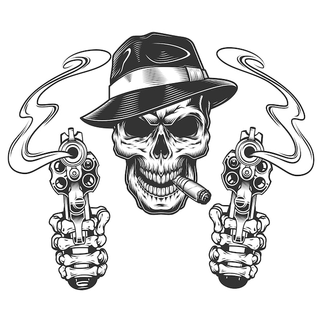 Free vector vintage monochrome gangster skull smoking cigar