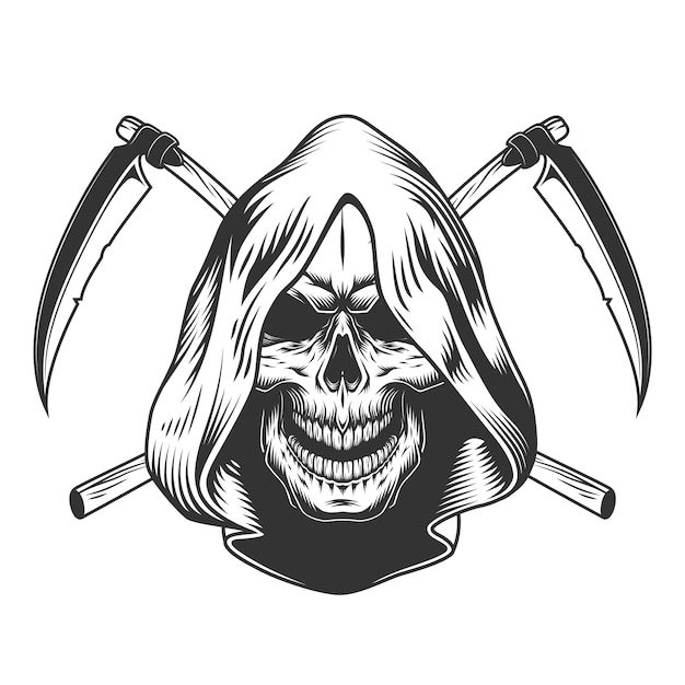 Free vector vintage monochrome reaper skull in hood