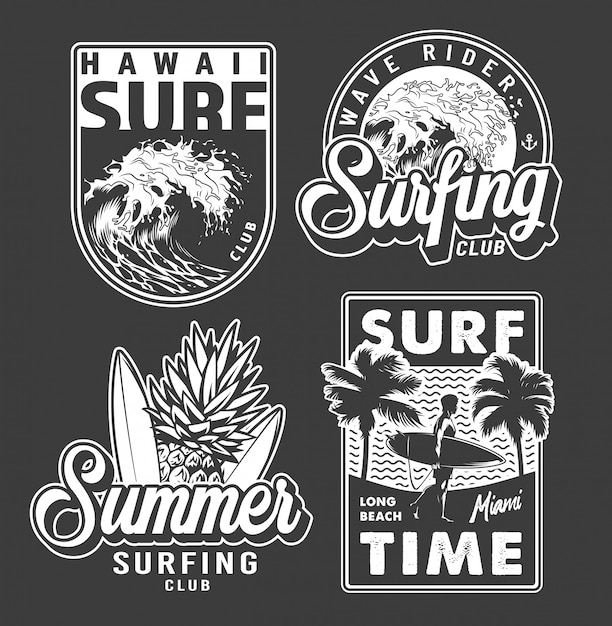 Free Vector vintage monochrome surfing club labels