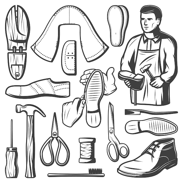 Free vector vintage shoemaking elements set with shoemaker repairs boot hammer spool of thread brush scissors awl leather pieces isolated