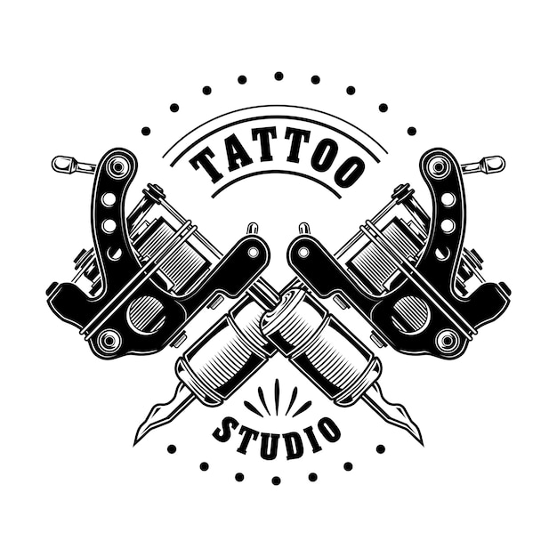 Free vector vintage tattoo studio logo vector illustration. monochrome crossed equipment for professionals
