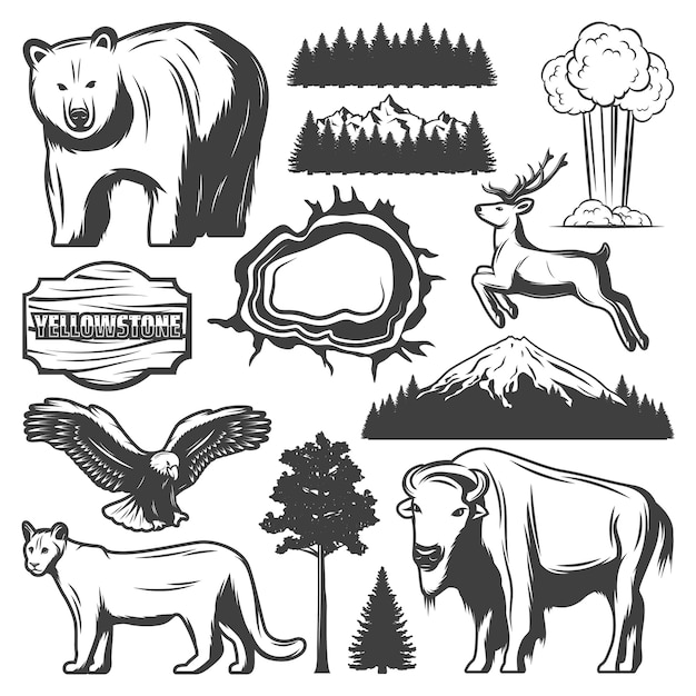 Free vector vintage yellowstone national park icons set with animals forest mountain exploding geyser grand prismatic spring wooden plank isolated