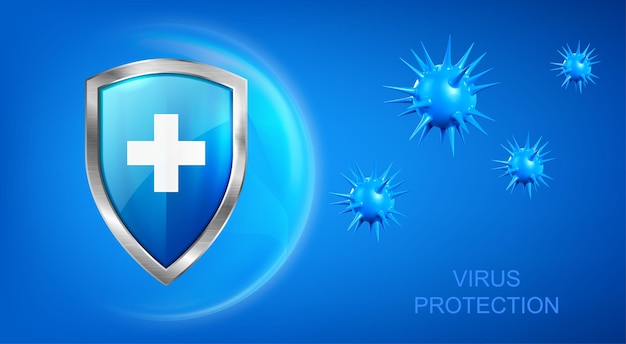 Free vector virus protection background with shield and bacteria piked cells flying on blue background