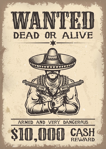 Free vector vitage wild west wanted poster with old paper texture backgroung