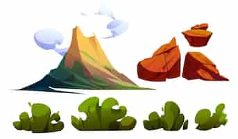 Free vector volcano eruption cartoon vector set active volcanic mountain with smoke and ash brown stones and green bushes prehistoric or hawaii island tropical landscape elements volcanic explosion scene