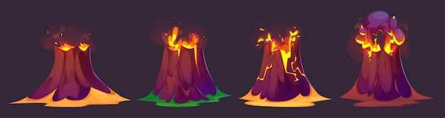 Free Vector volcano eruption set isolated on black background