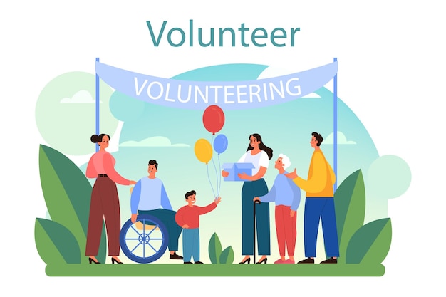 Volunteer concept Charity community support old and disabled people make a donation take care of the planet Idea of care and humanity Vector flat illustration