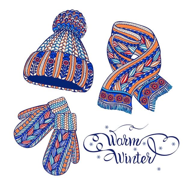 Free vector warm hat mittens scarf doodle
