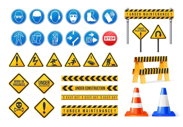 Free vector warning safety construction signs and barriers realistic set isolated on white background vector illustration