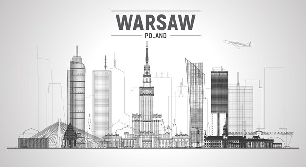 Warsaw Poland line skyline with panorama on white background Vector Illustration Business travel and tourism concept with modern buildings Image for presentation banner website