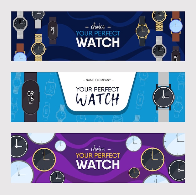 Free Vector watches colorful banners design set. wristwatches of various styles vector illustration