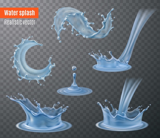 Water splash beautiful realistic images set for your designs blue on black transparent background isolated 