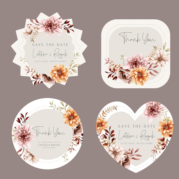 Watercolor autumn flower and leaves label collection